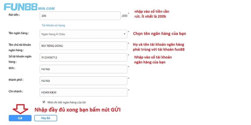 Điền đầy đủ thông tin để thực hiện giao dịch rút tiền Fun88