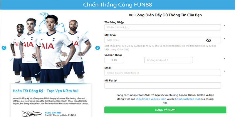 Anh em cần điền thông tin đăng ký Fun88