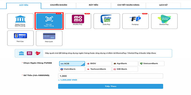 Nạp tiền vào tài khoản Fun88 qua Mã QR ngân hàng