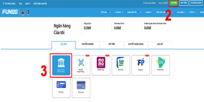 Nạp tiền vào tài khoản Fun88 chi tiết thông qua Ngân hàng địa phương